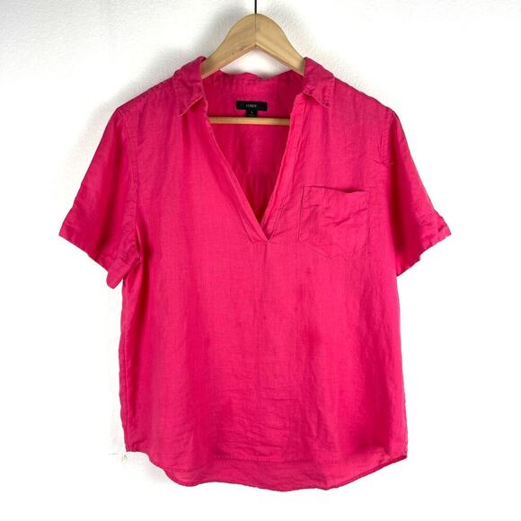 J. Crew Short Sleeve Popover 100% linen Dark Pink Chest Pocket Women's Small - Picture 2 of 9